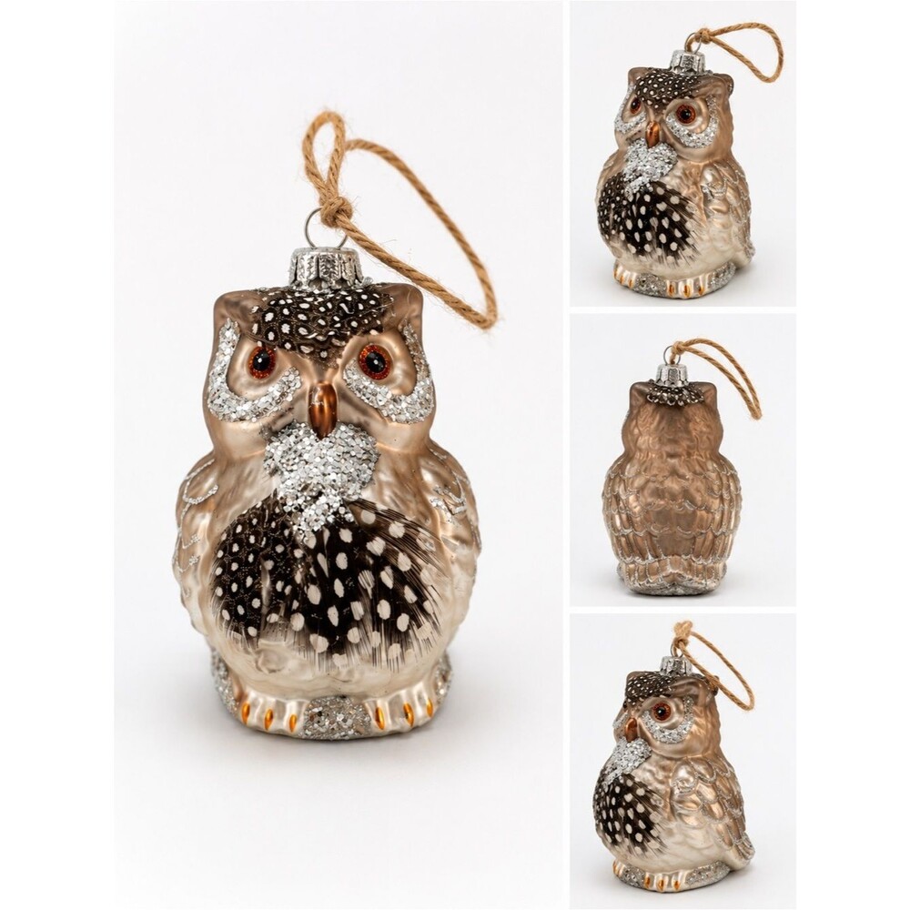 Glass Owl Holiday Ornament - Gold and Brown